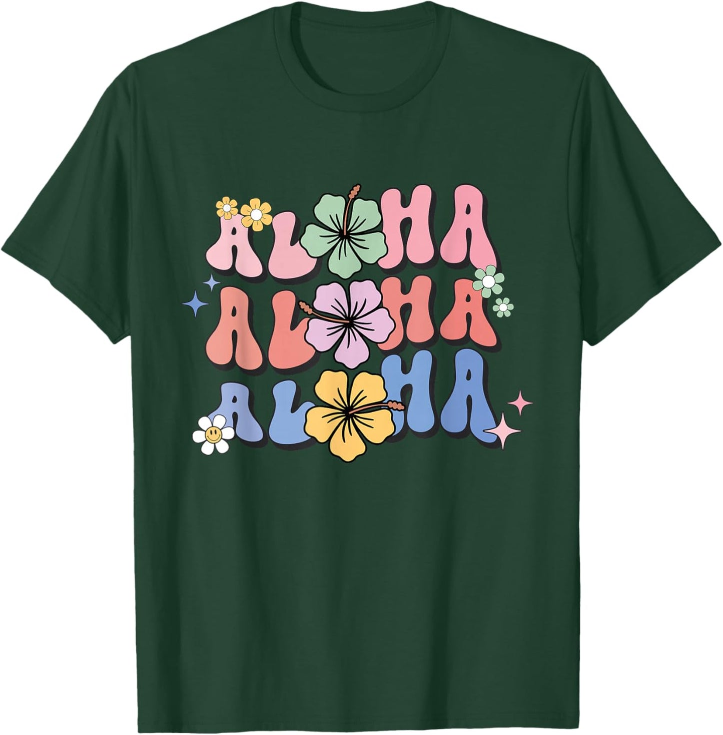 Aloha Hawaiian Hibiscus Flowers Retro Women's , Black, S T-Shirt - T-Shirt | Forest