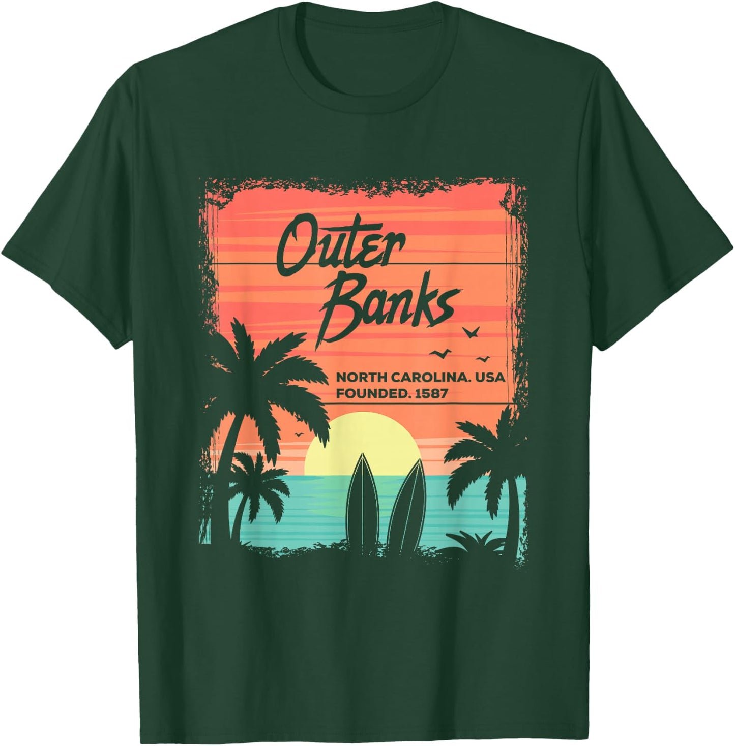 North Carolina Beach Surfing Sunrise NC OBX T-Shirt - T-Shirt | Forest