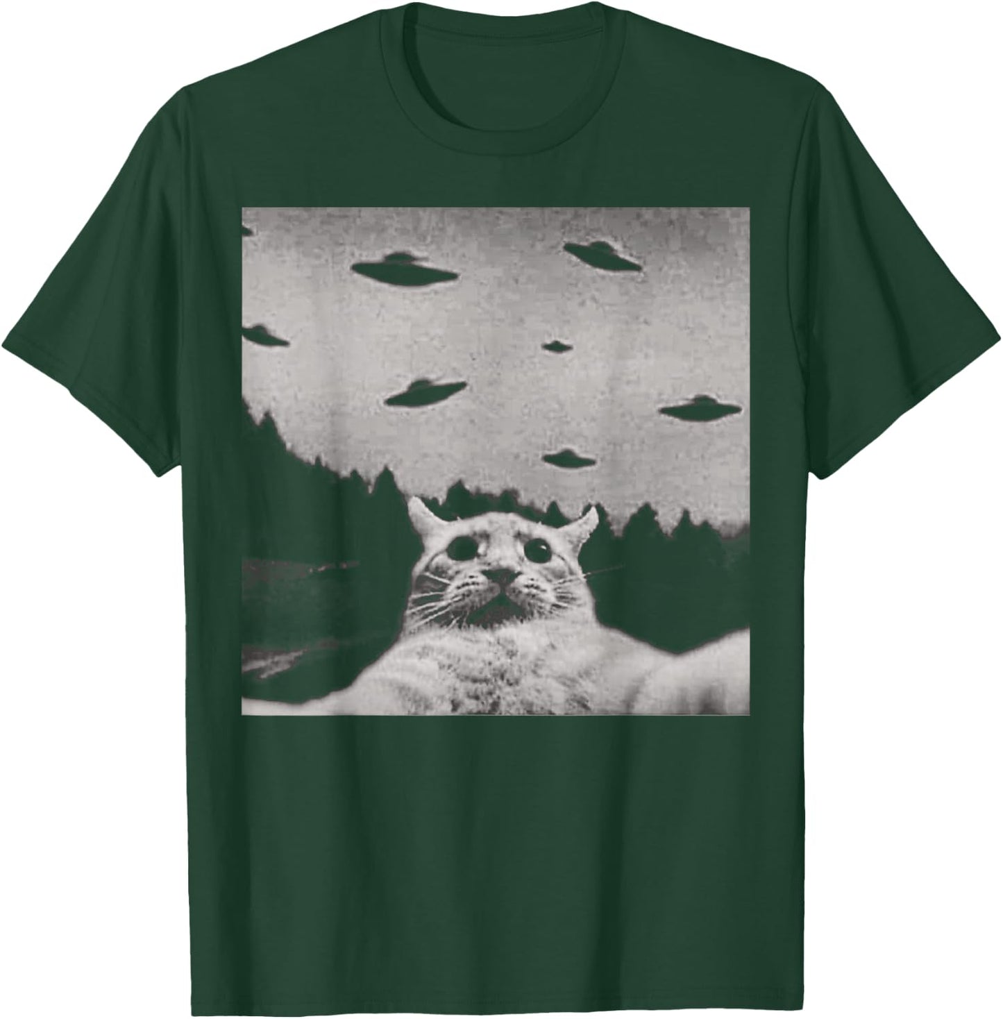 ThreadWeird Alien Cat UFO - Classic Fit, Round Neck, Black, Adult T-Shirt - T-Shirt | Forest