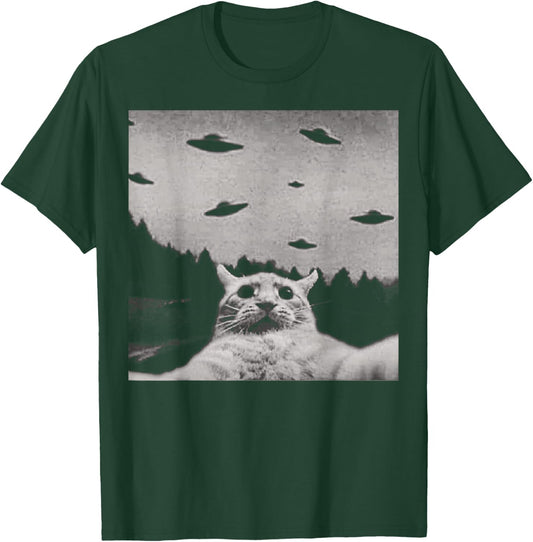 ThreadWeird Alien Cat UFO - Classic Fit, Round Neck, Black, Adult T-Shirt - T-Shirt | Forest
