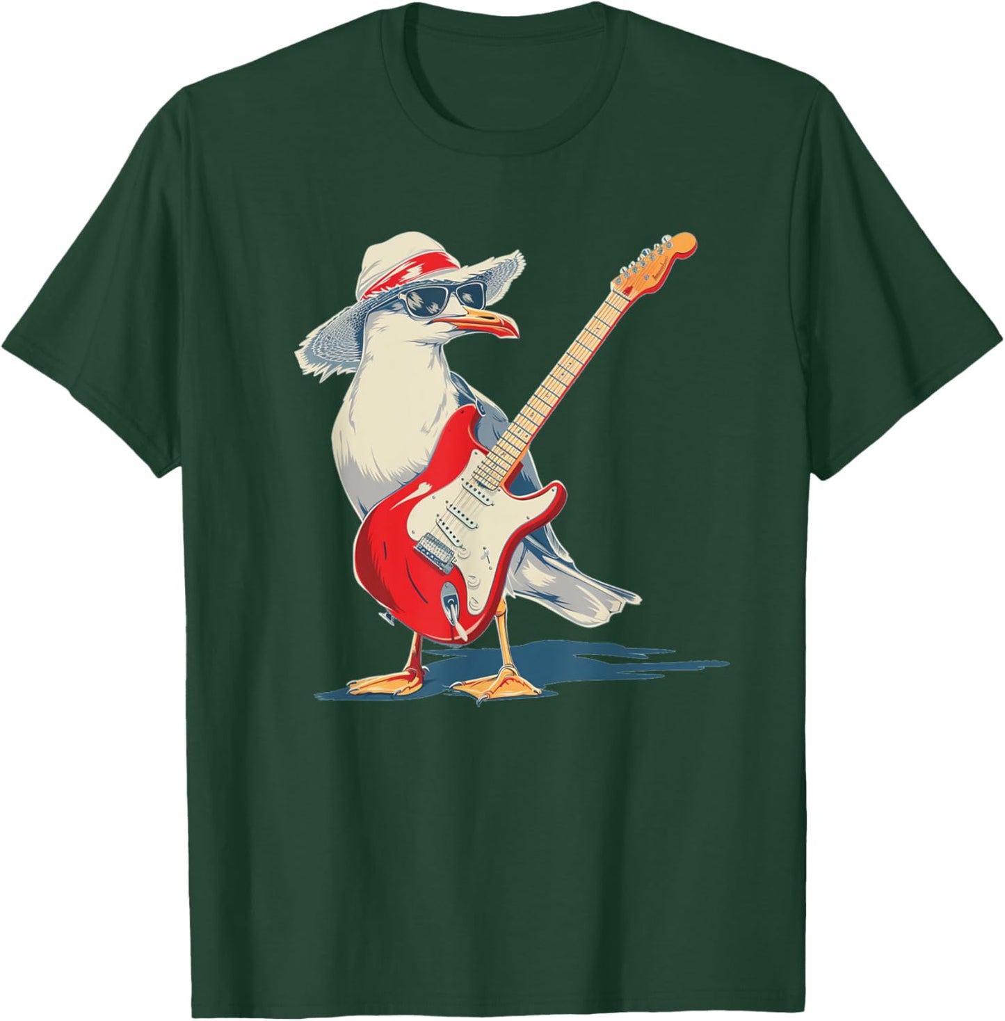 Funny Seagull with Beach Hat and electric Guitar T-Shirt - T-Shirt | Forest