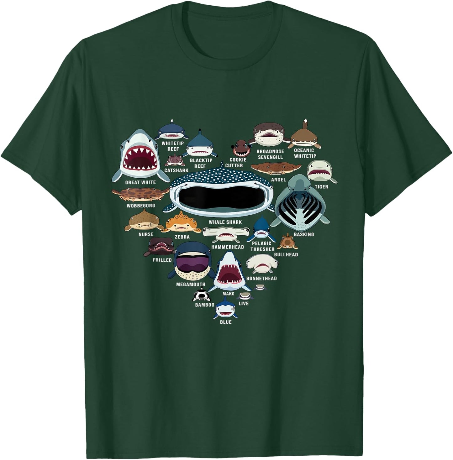 Types Of Sharks Marine Biology - All Shark Faces Heart T-Shirt - T-Shirt | Forest