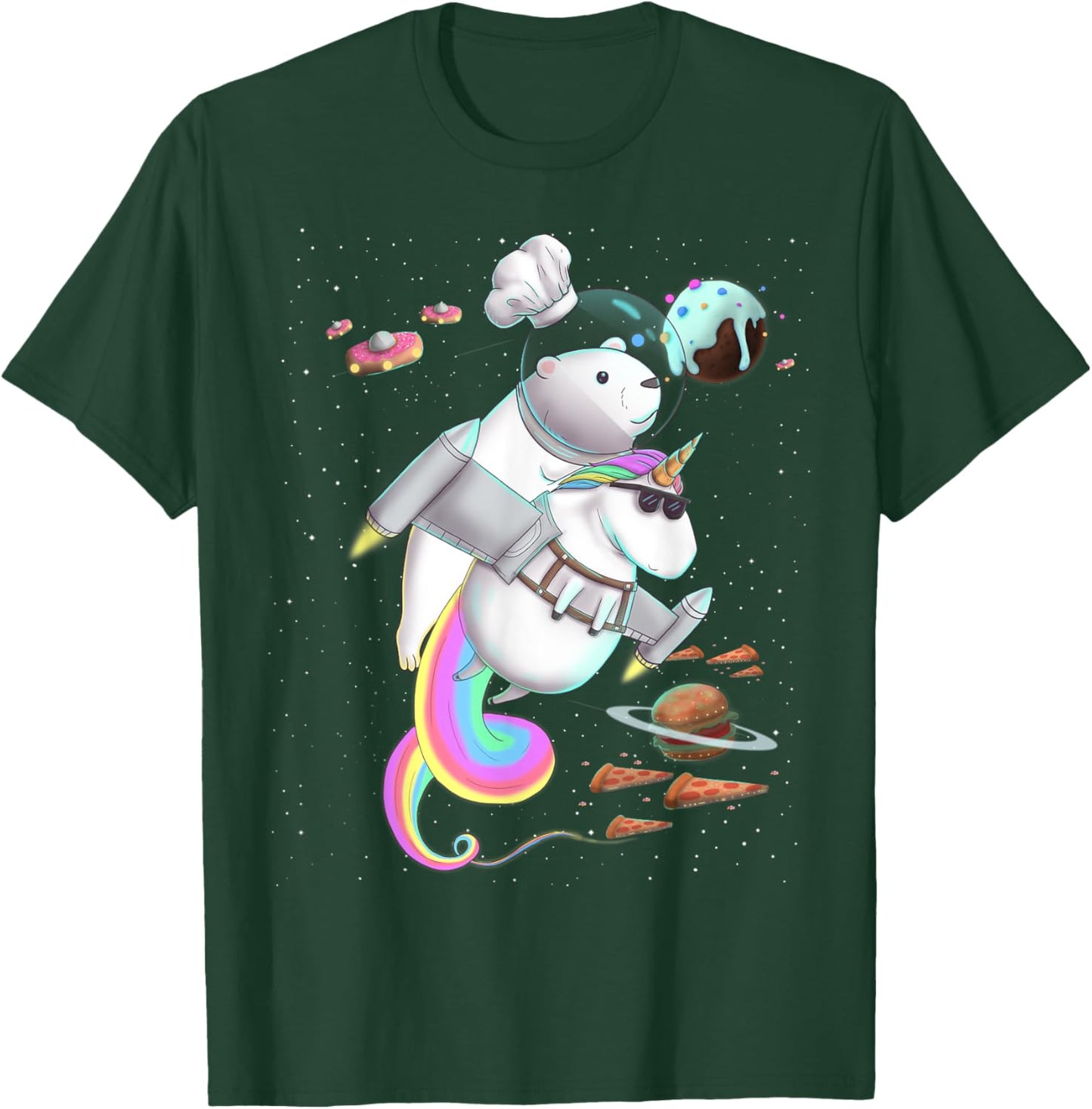 Polar Bear Riding Unicorn Food Pizza Space Party Planet T-Shirt - T-Shirt | Forest