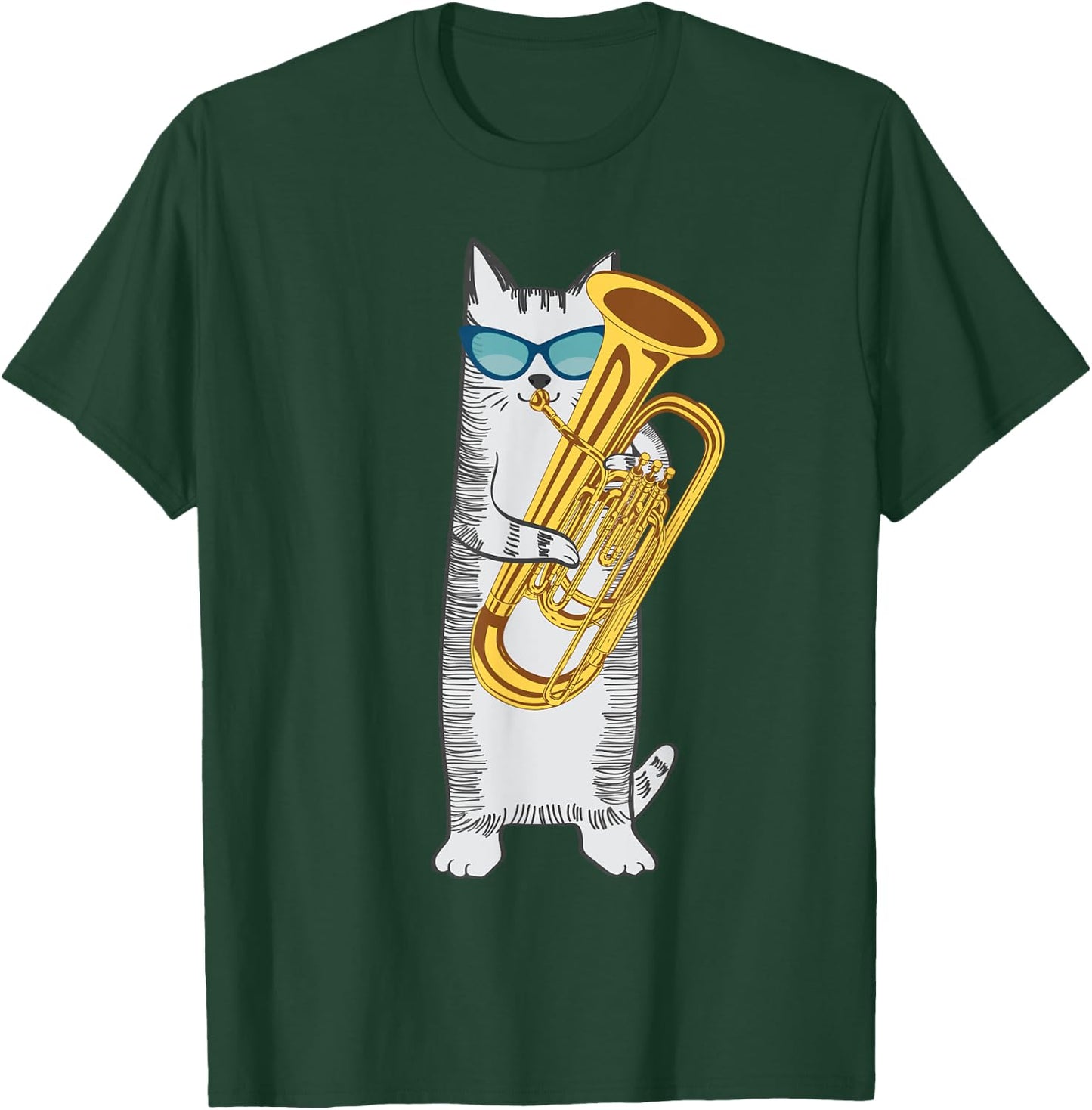 Tuba Cat Wearing Retro Sunglasses For Low Brass Players Men Women Kids T-Shirt - T-Shirt | Forest