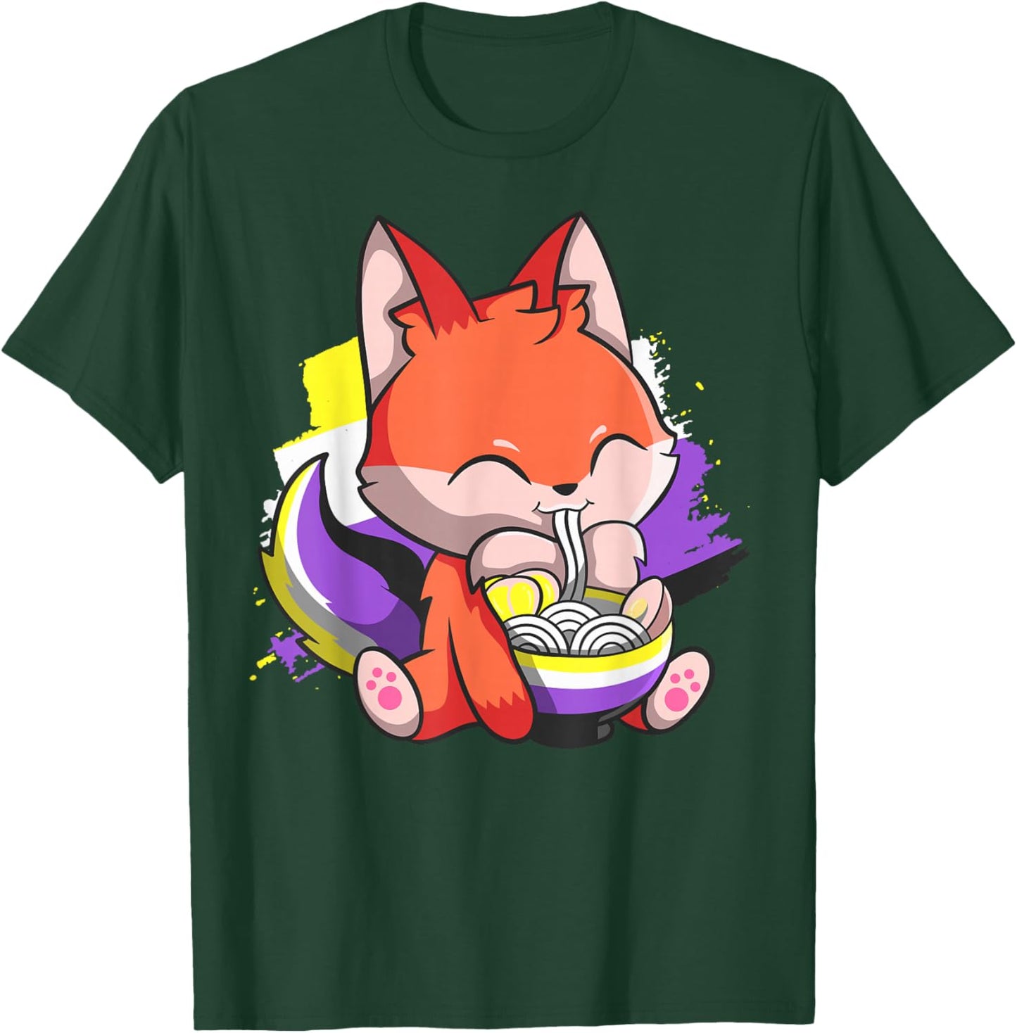 Nonbinary Pride Kawaii Fox Ramen Noodles Non Binary Flag T-Shirt - T-Shirt | Forest