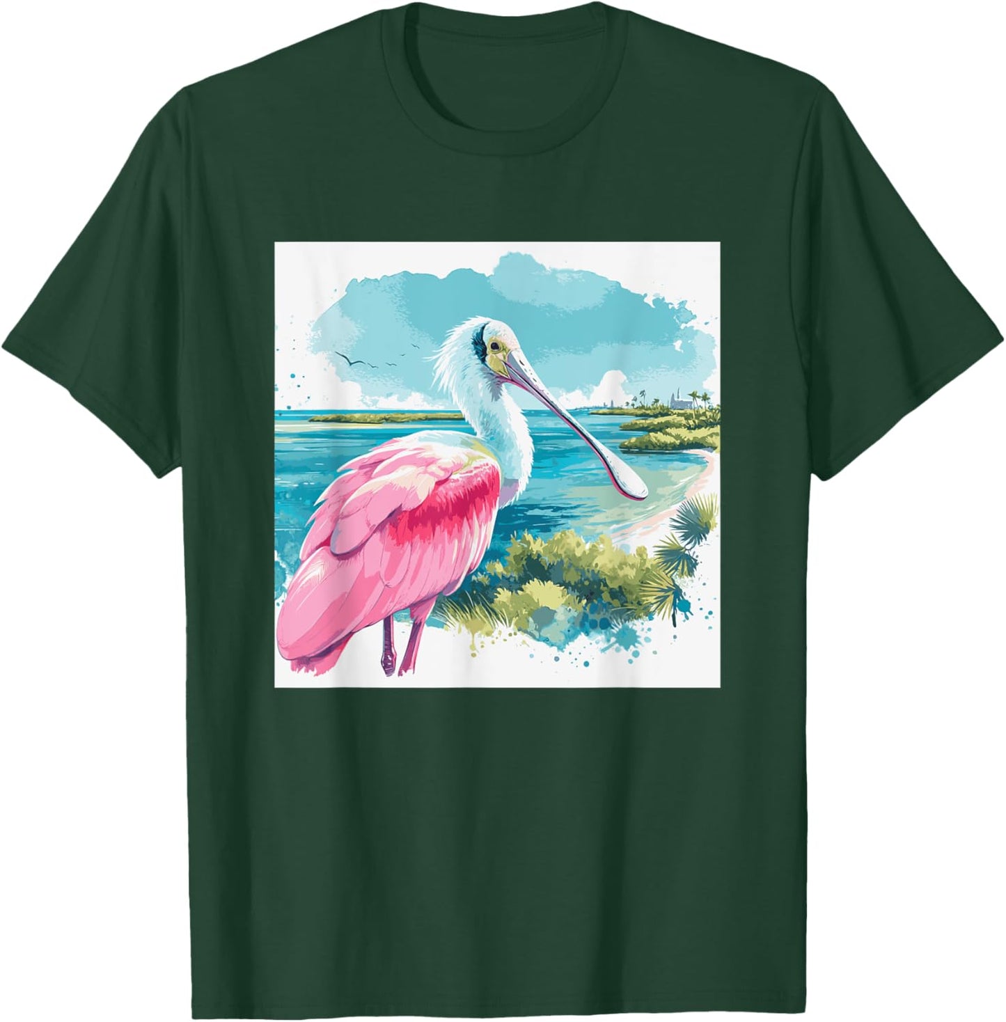 Roseate Spoonbill watercolor art in tropical setting T-Shirt - T-Shirt | Forest