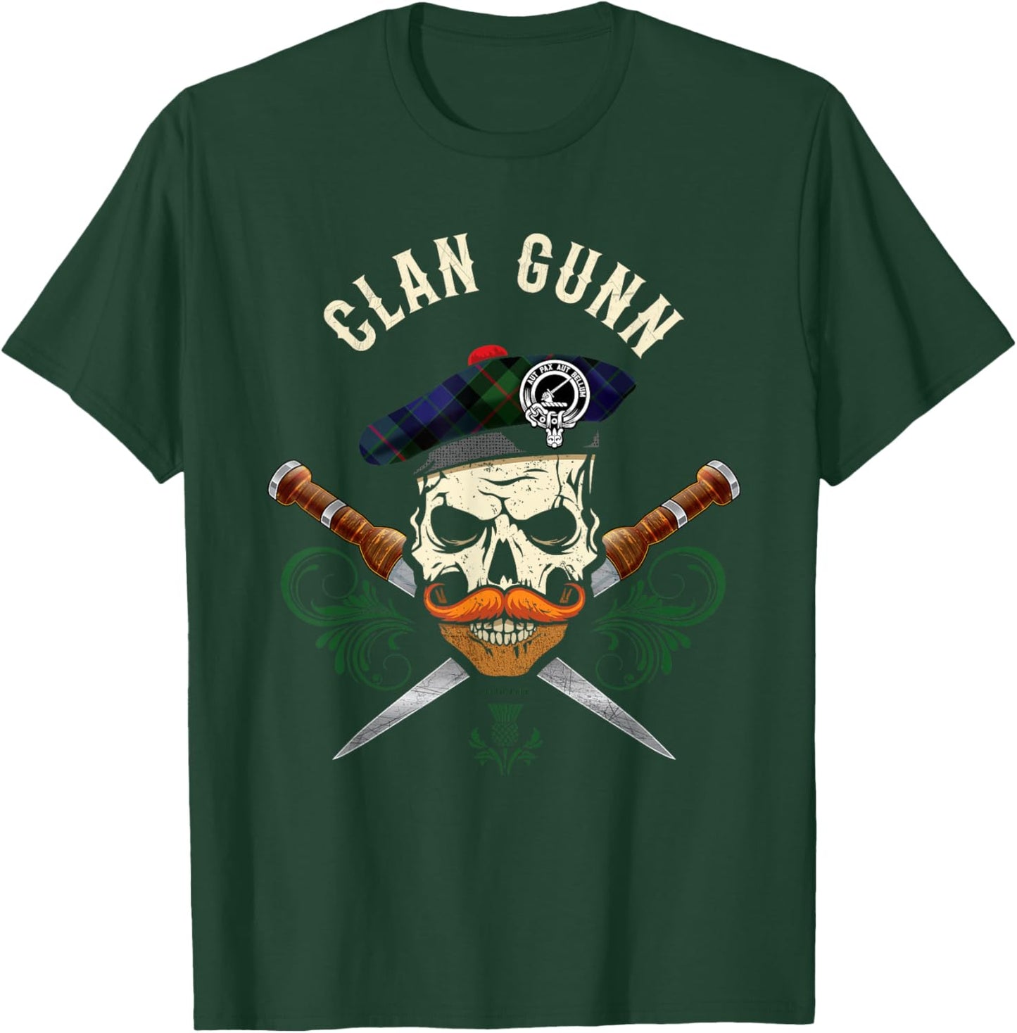 Scottish Clan Gunn Surname Skull Dirks Tartan Badge T-Shirt - T-Shirt | Forest