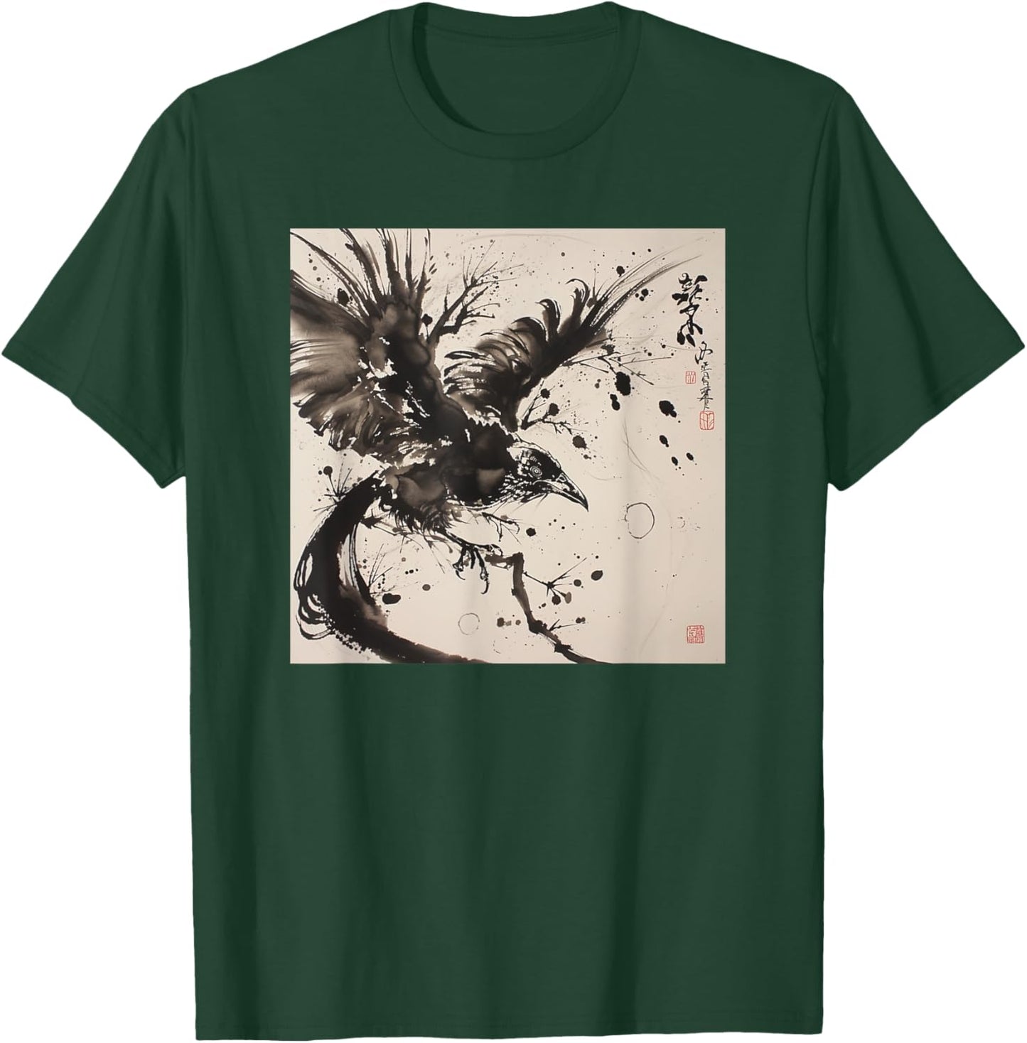Japanese Ink Art Crow- Raven Ink Art Graphic T-Shirt - T-Shirt | Forest