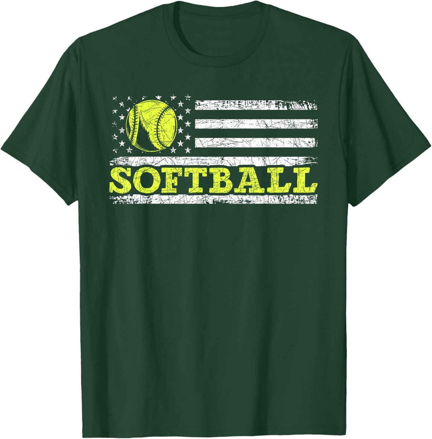 USA Flag Patriotic Softball Player American Sport Softball T-Shirt - T-Shirt | Forest
