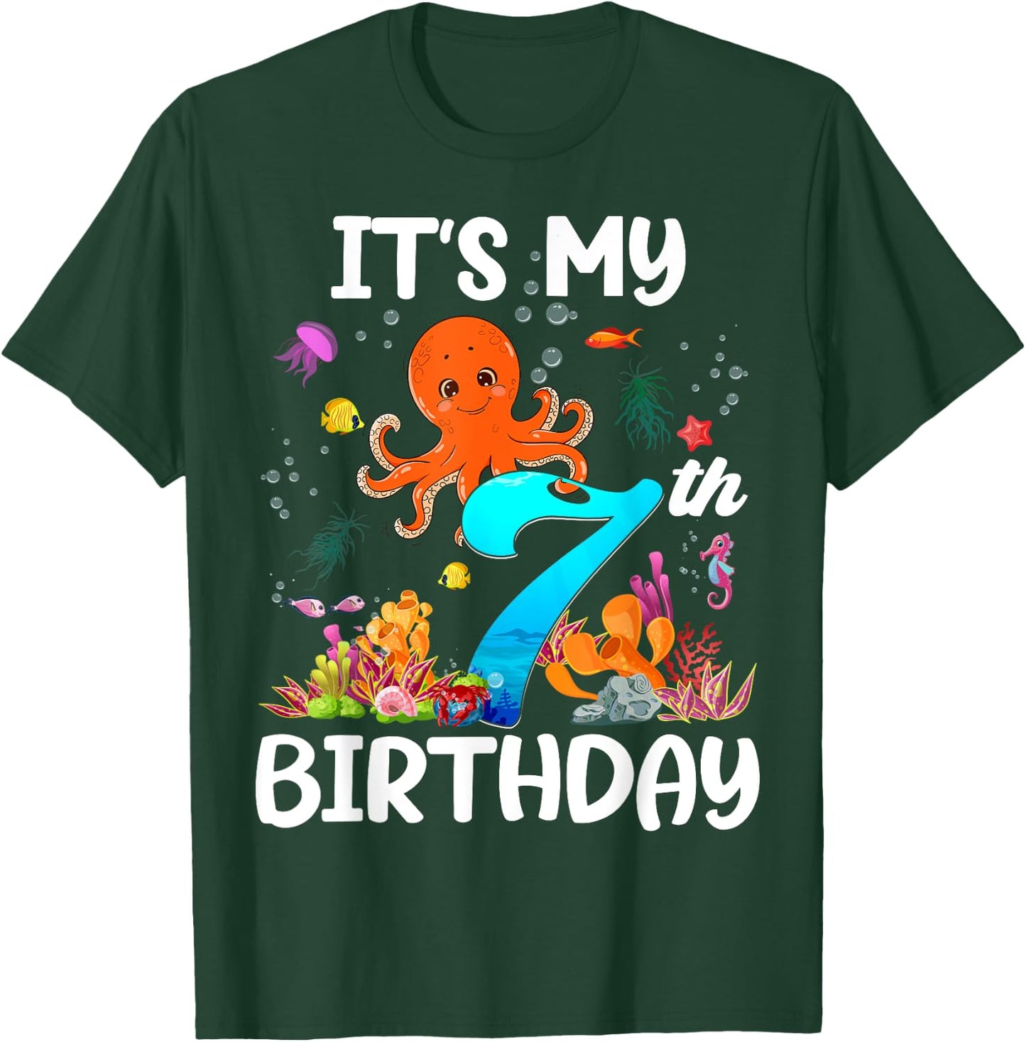 7 Year Old Ocean Life Whale Dolphin Octopus 7th Birthday T-Shirt - T-Shirt | Forest