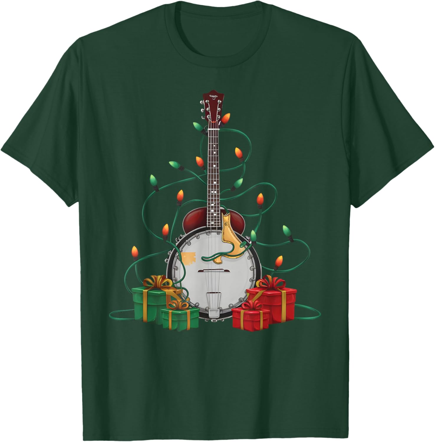 Xmas Lighting Santa Musical Banjo Christmas T-Shirt - T-Shirt | Forest