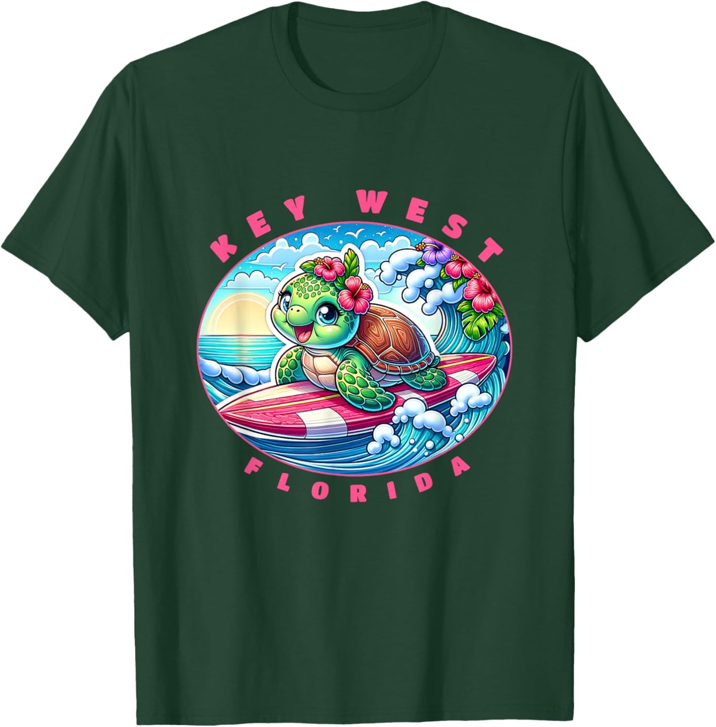 Key West Florida Cute Surfing Girl Sea Turtle T-Shirt - T-Shirt | Forest