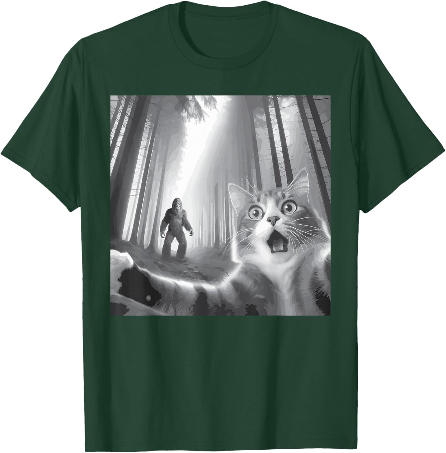 Funny Surprised Scared Cat Selfie With Sasquatsch Bigfoot T-Shirt - T-Shirt | Forest
