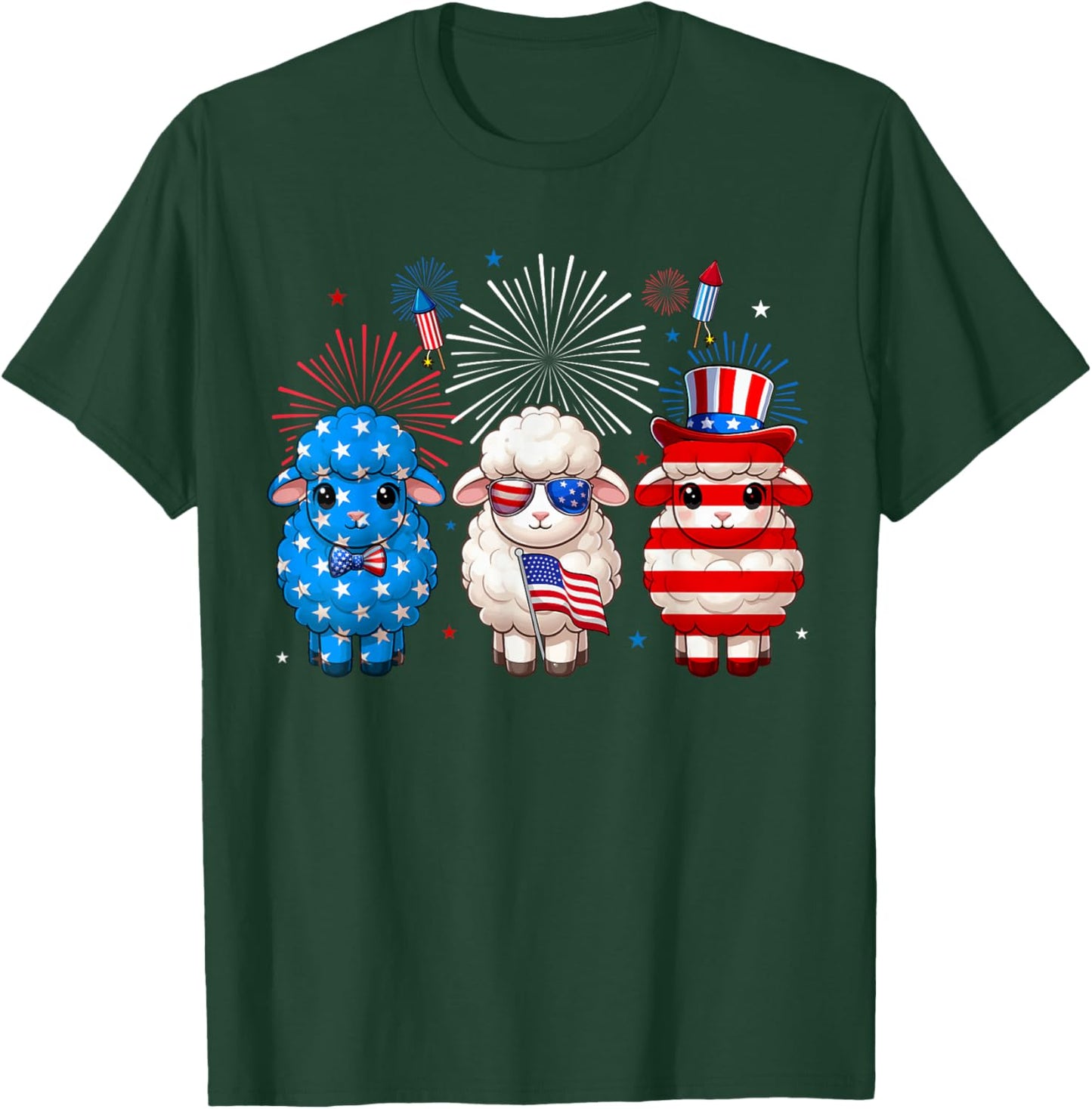 Three Red Blue White Cute Sheeps 4th Of July Farmer Rancher T-Shirt - T-Shirt | Forest