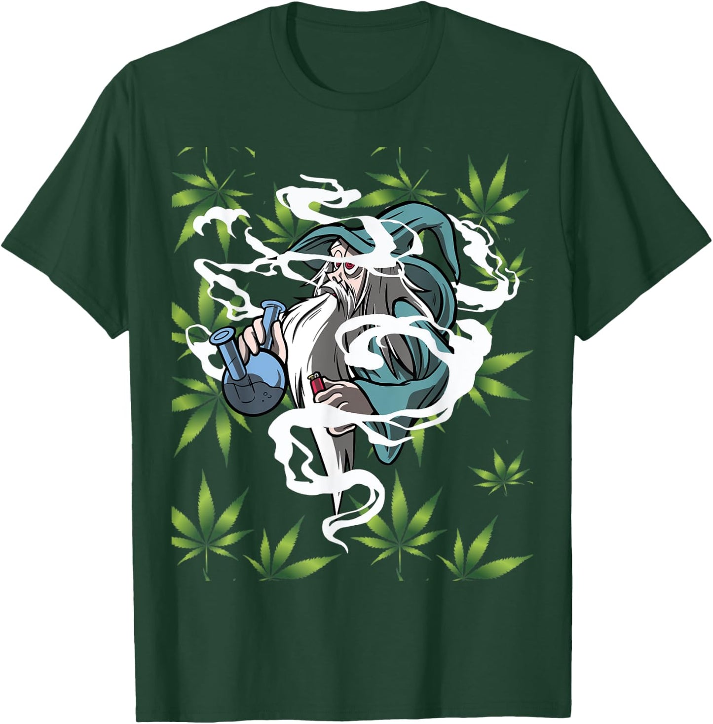 Marijuana Bong with Weed Leaf Design Wizard Smoking T-Shirt - T-Shirt | Forest