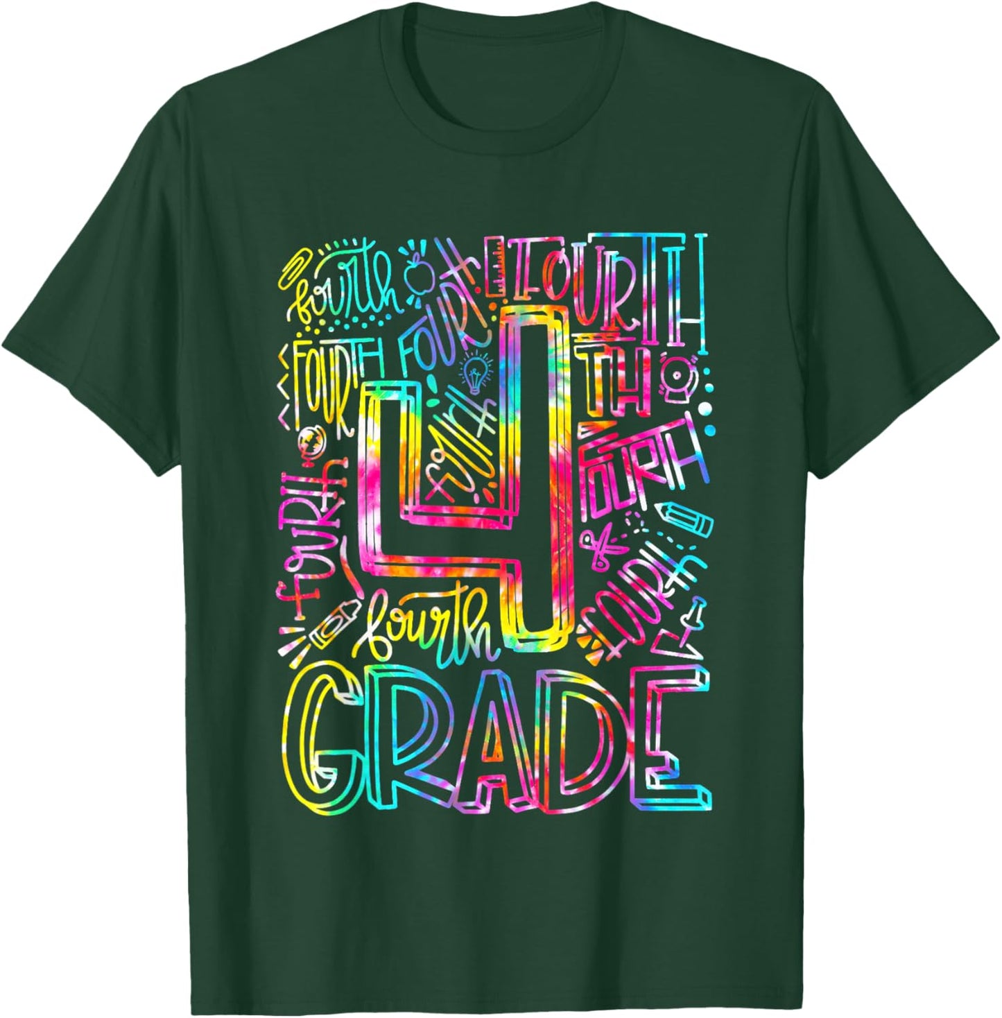 Tie Dye 4th Grade Typography Team Fourth Grade Teacher Gift Men Women Kids T-Shirt - T-Shirt | Forest