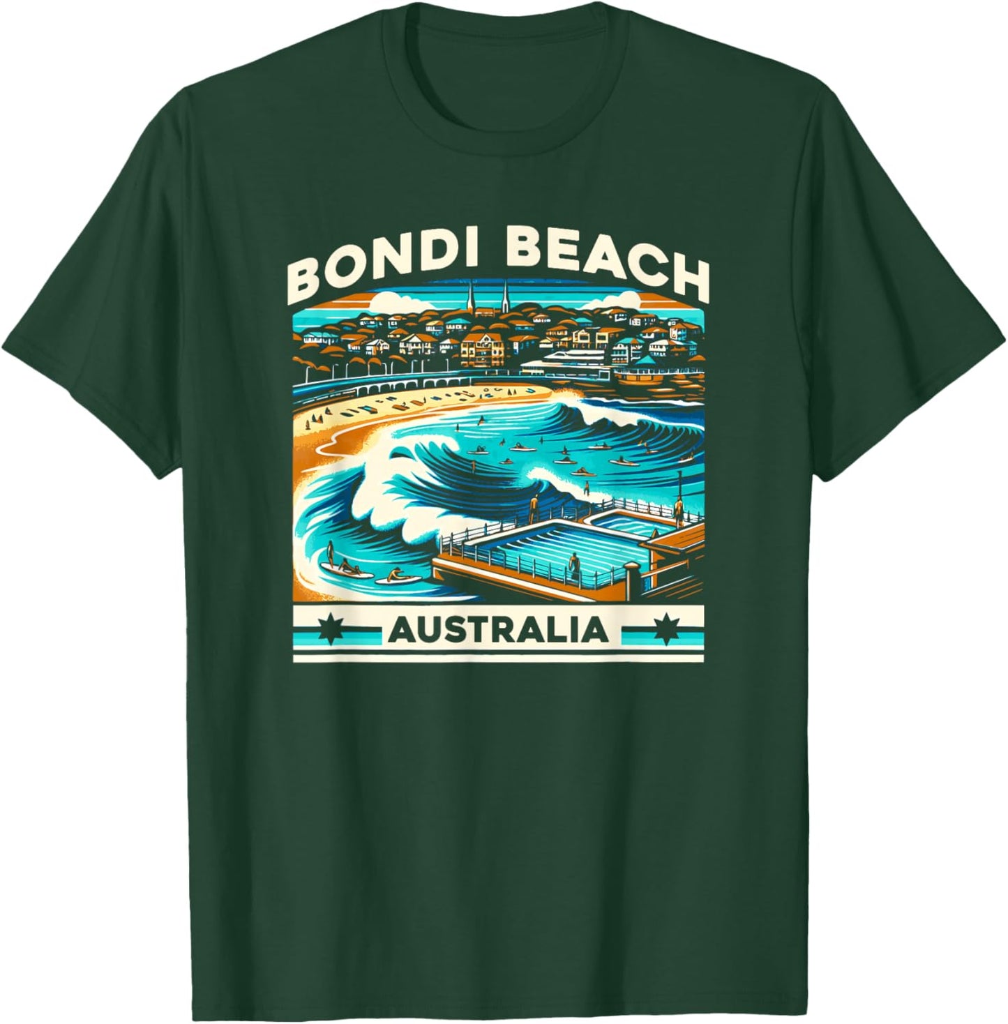 Borough & Bridge Bondi Beach Australia Classic Wave Graphic T-Shirt - T-Shirt | Forest
