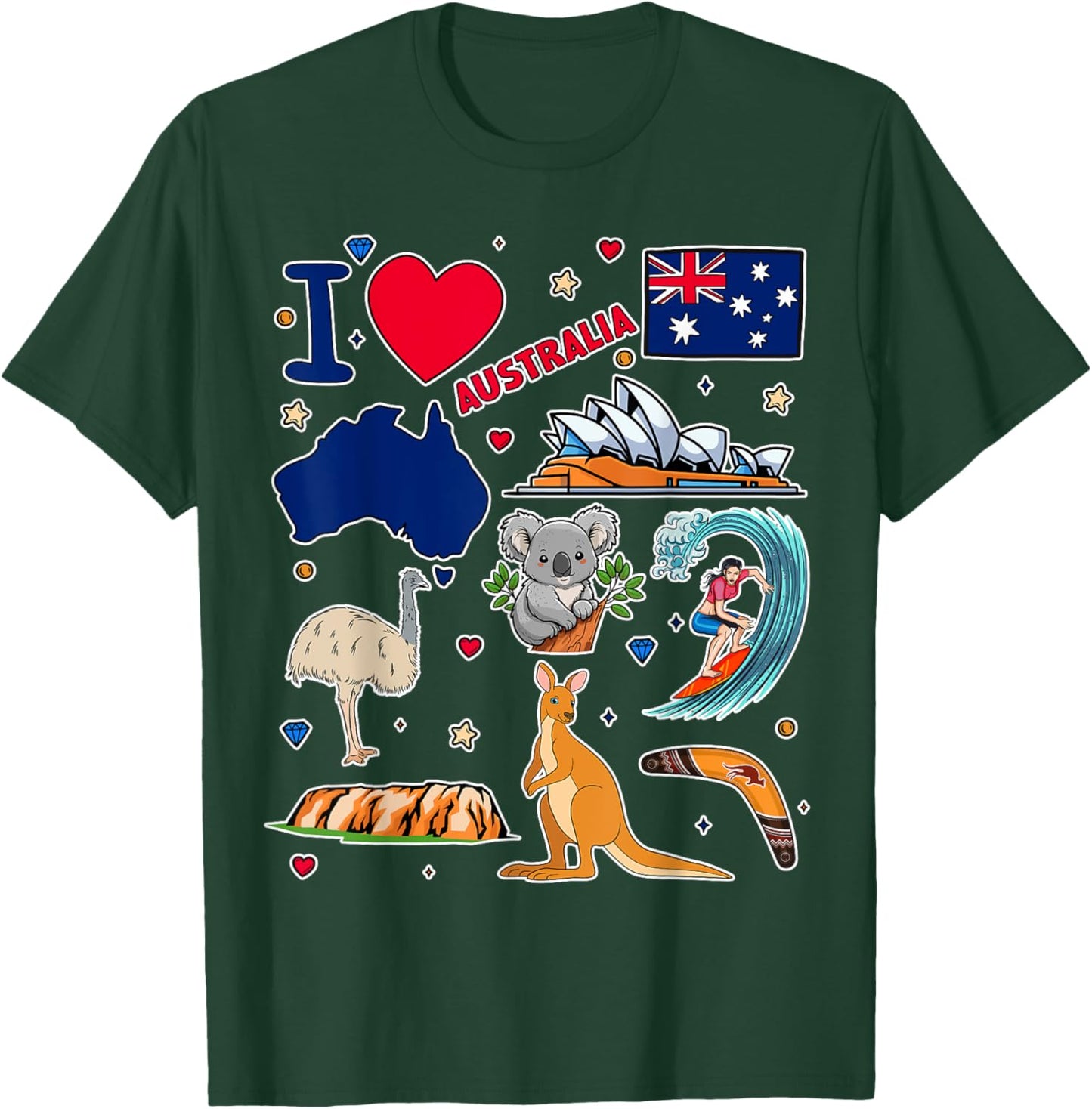 Australian hand drawn symbols, Australia map, cultural icons T-Shirt - T-Shirt | Forest