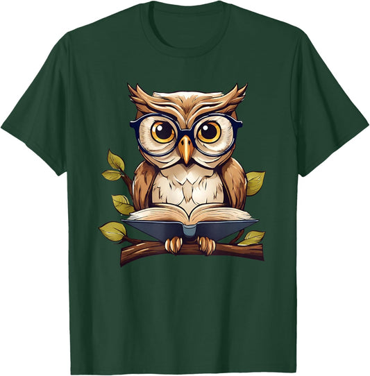 Funny Owl Reading A Book Perched On A Branch Bookworm T-Shirt - T-Shirt | Forest