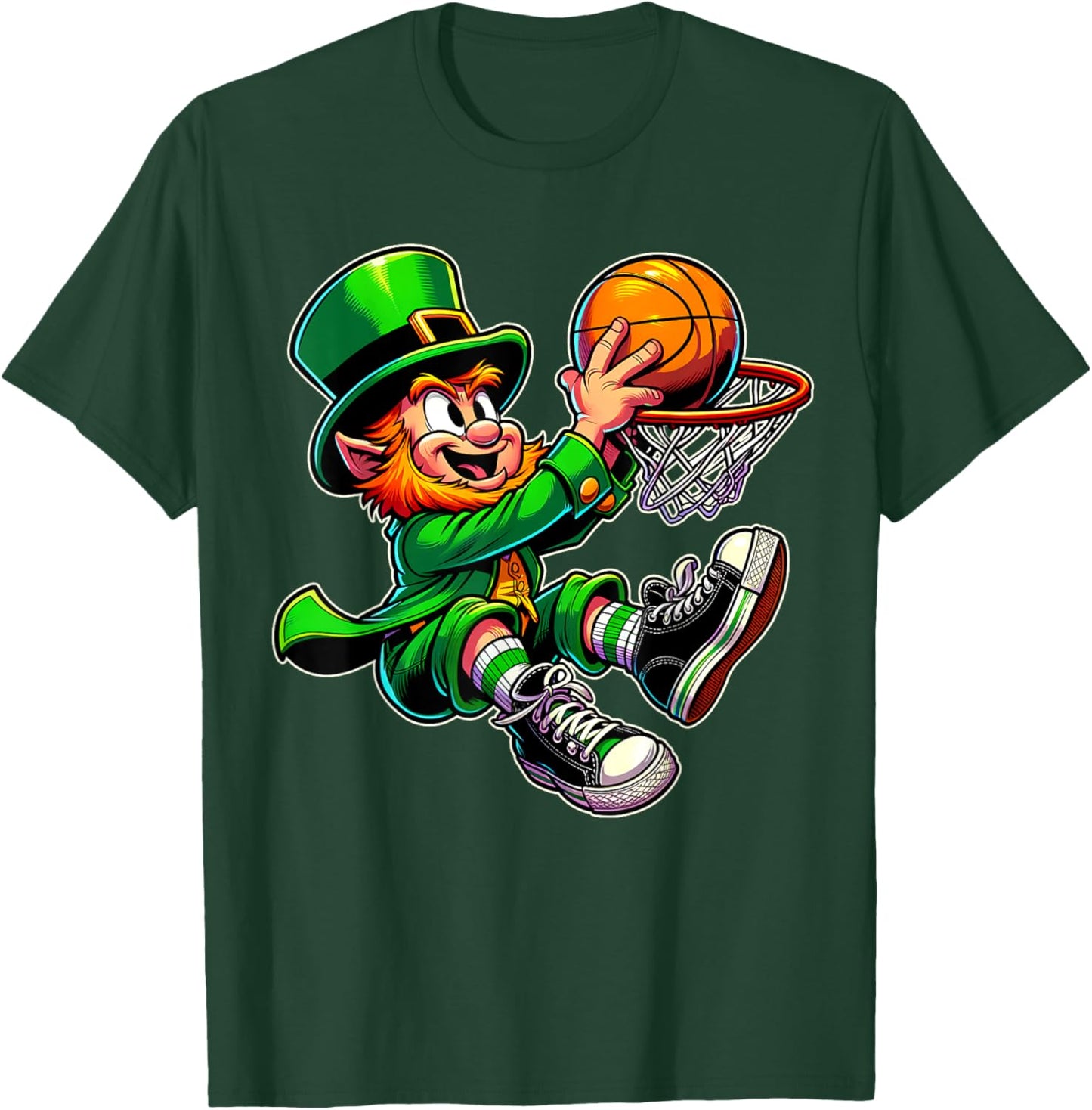 St Patrick's Day Irish Leprechaun Basketball Player Dunk T-Shirt - T-Shirt | Forest