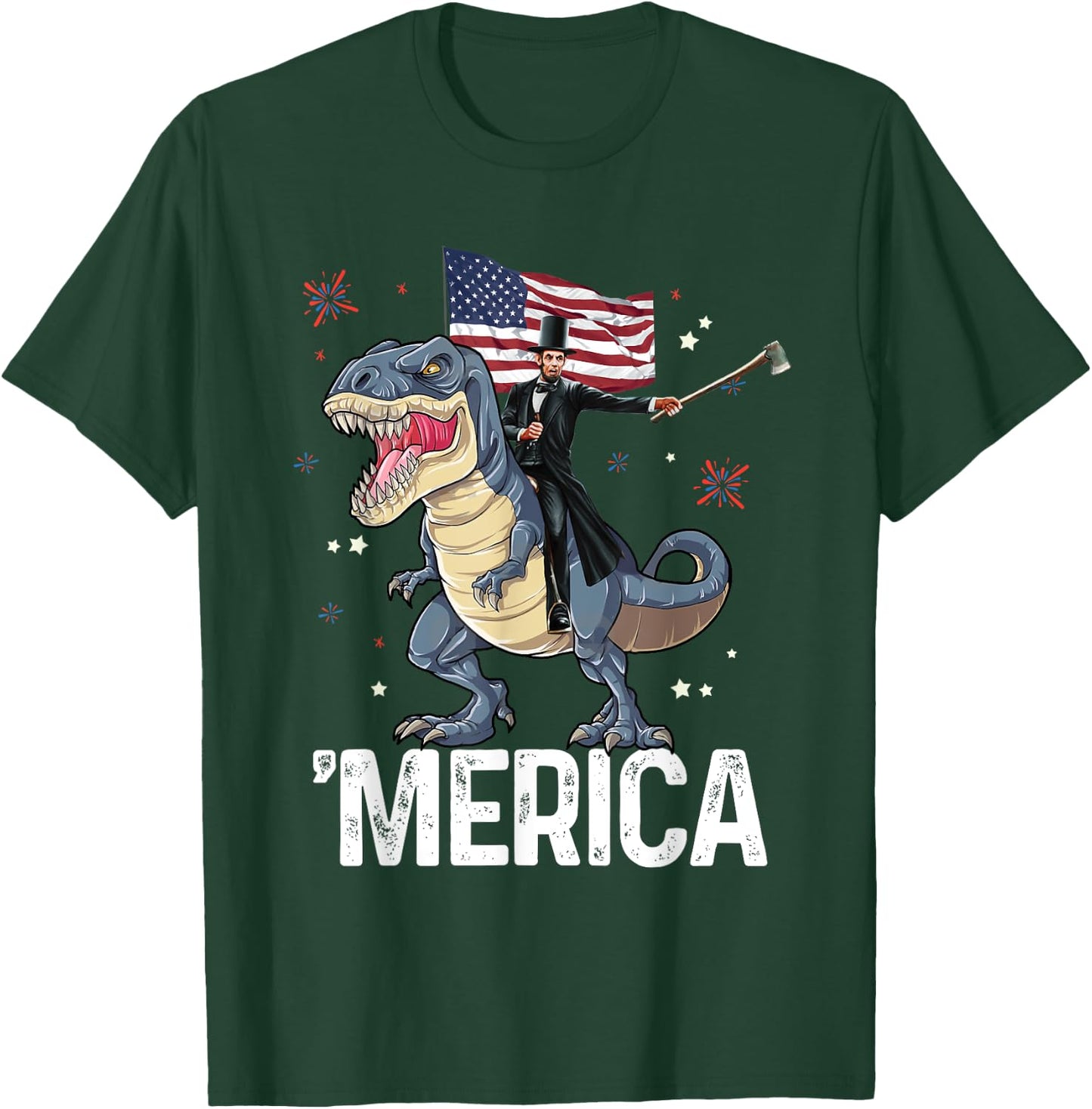 American President Lincoln T-Rex Dinosaur Flag Patriotic T-Shirt - T-Shirt | Forest