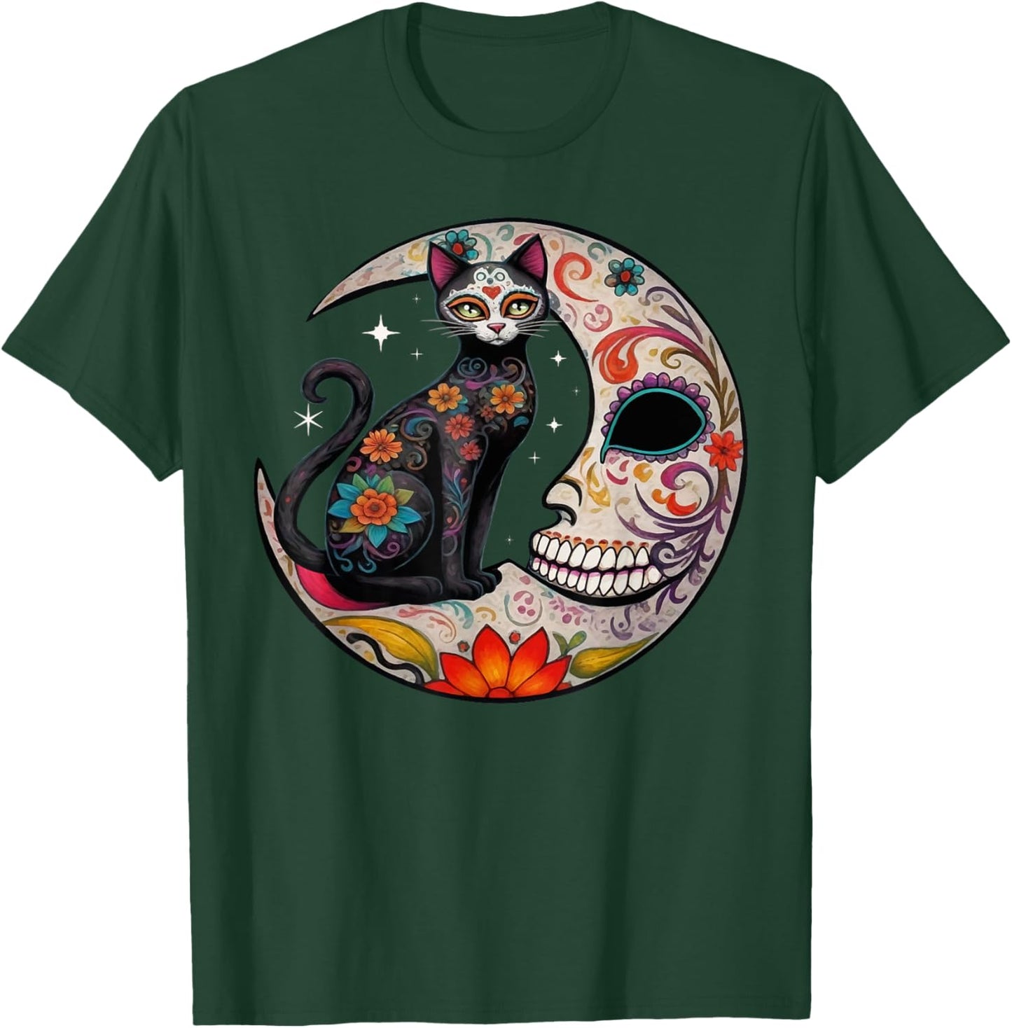 Sugar Skull Cat Moon De Los Muertos Day of Dead Halloween Women T-Shirt - T-Shirt | Forest