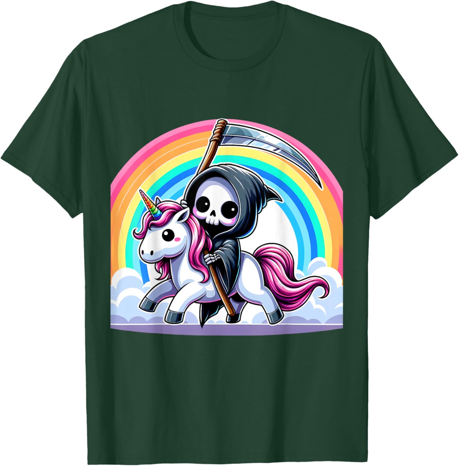 Grim Reaper Riding Unicorn Funny Rainbow Heavy Metal T-Shirt - T-Shirt | Forest