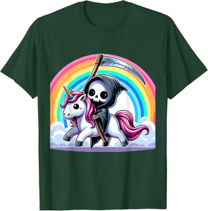 Grim Reaper Riding Unicorn Funny Rainbow Heavy Metal T-Shirt - T-Shirt | Forest