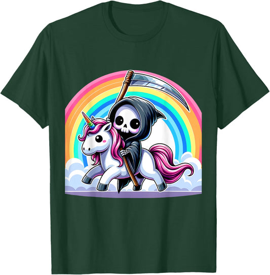 Grim Reaper Riding Unicorn Funny Rainbow Heavy Metal T-Shirt - T-Shirt | Forest