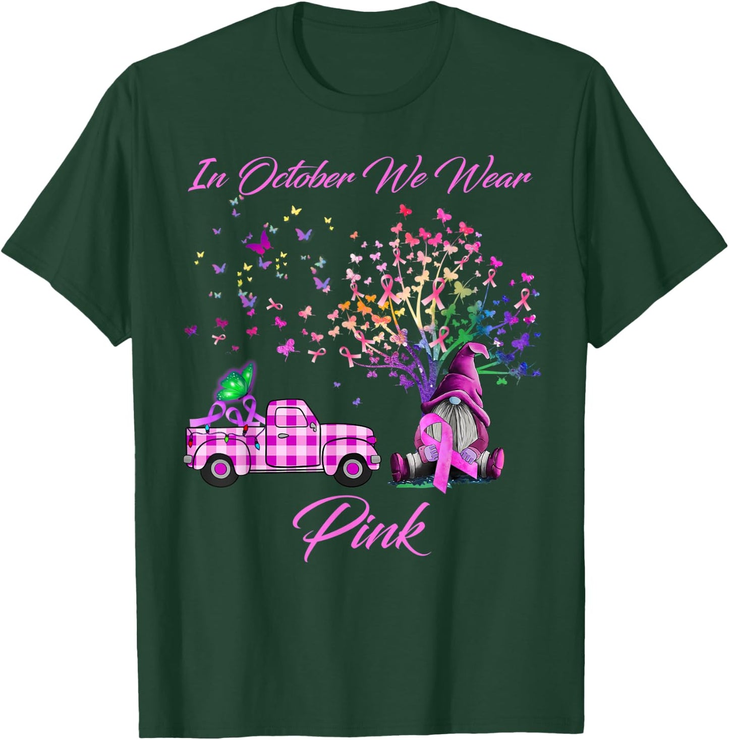 In October We Wear Pink Gnome Tree Breast Cancer Awareness T-Shirt - T-Shirt | Forest