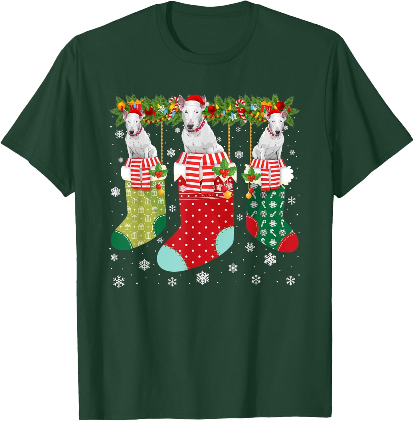 Three Bull Terrier Dog in Socks Ugly Christmas Sweater Party Men Women Kids T-Shirt - T-Shirt | Forest