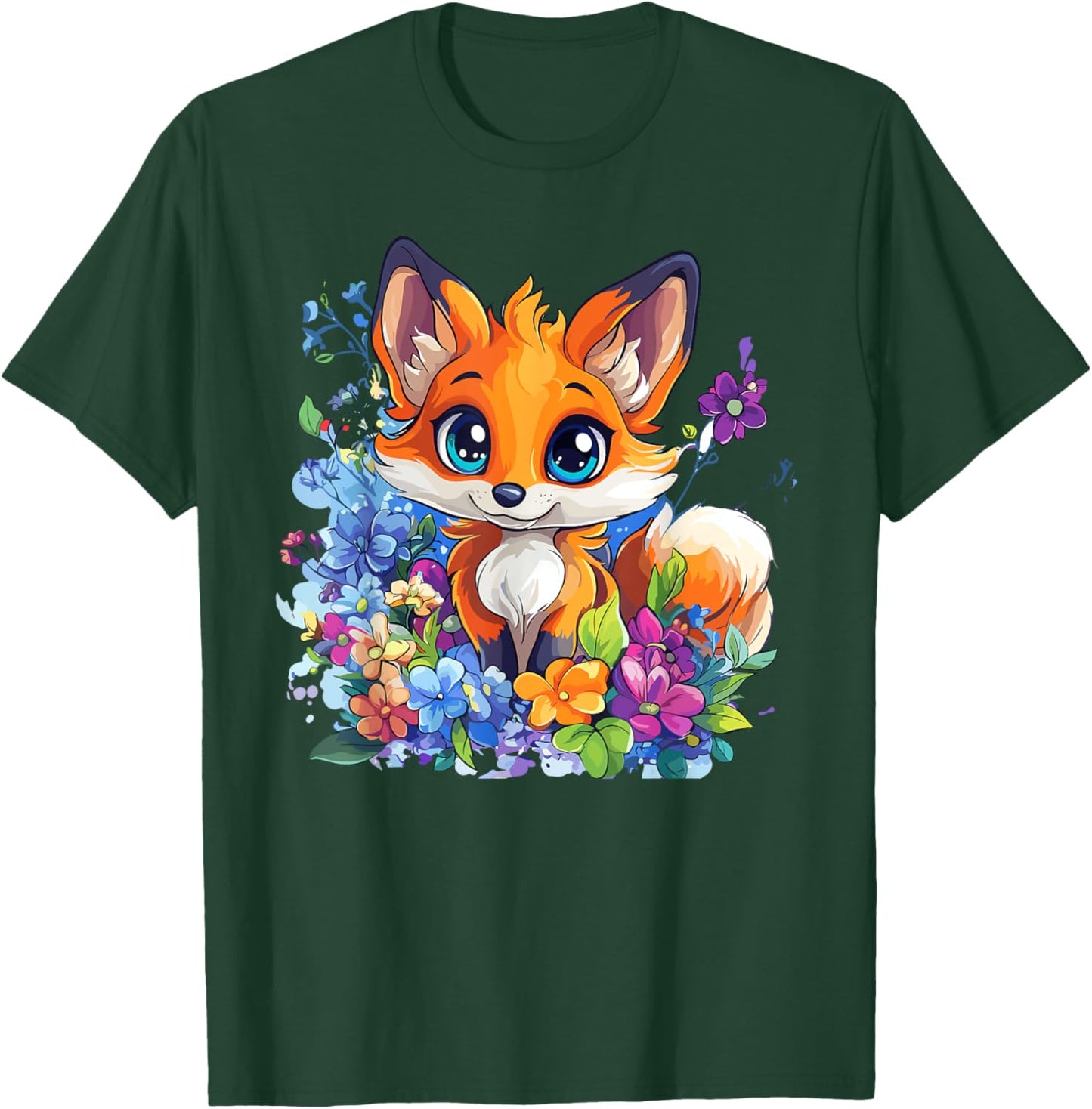 Cute Fox Surrounded by Flowers , Black, S T-Shirt - T-Shirt | Forest