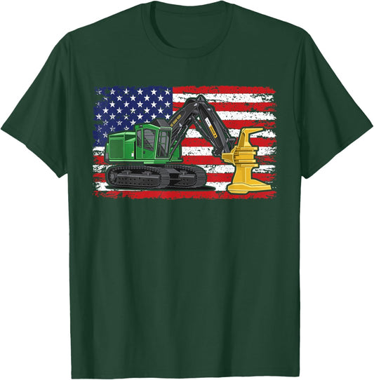 Feller Buncher USA American Flag Patriotic Tree Logger T-Shirt - T-Shirt | Forest