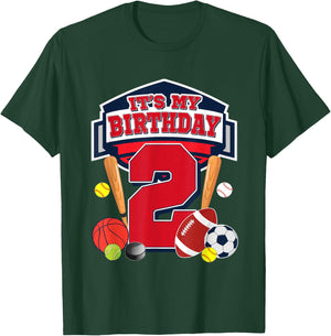 Sports Ball It's My 2nd Birthday Boy 2 Year Old Birthday T-Shirt - T-Shirt | Forest