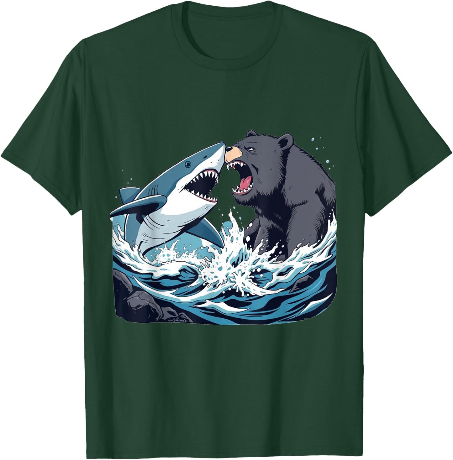Shark vs Bear - Funny Comic Art Style Graphic T-Shirt - T-Shirt | Forest