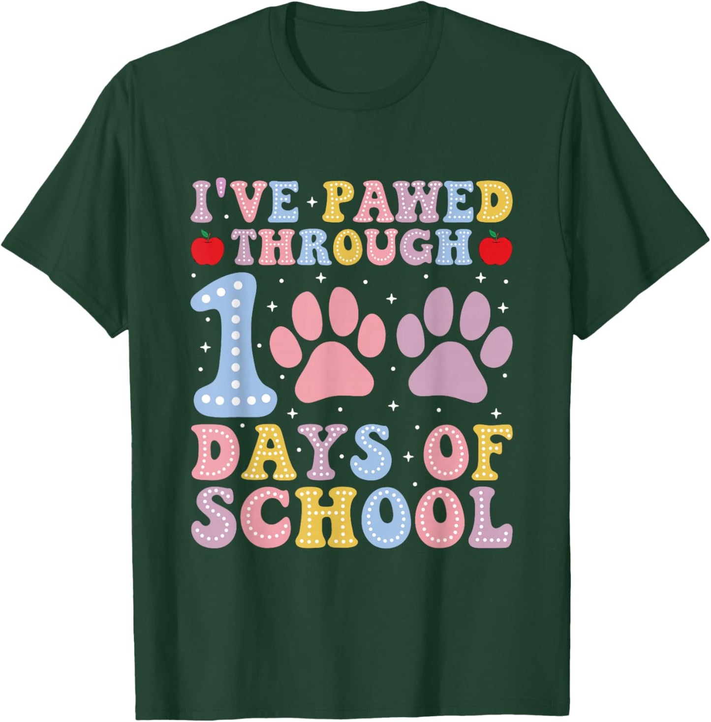 Funny 100 Days Of School Dogs Cats Paw Print Teacher Kids T-Shirt - T-Shirt | Forest