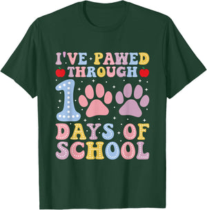 Funny 100 Days Of School Dogs Cats Paw Print Teacher Kids T-Shirt - T-Shirt | Forest