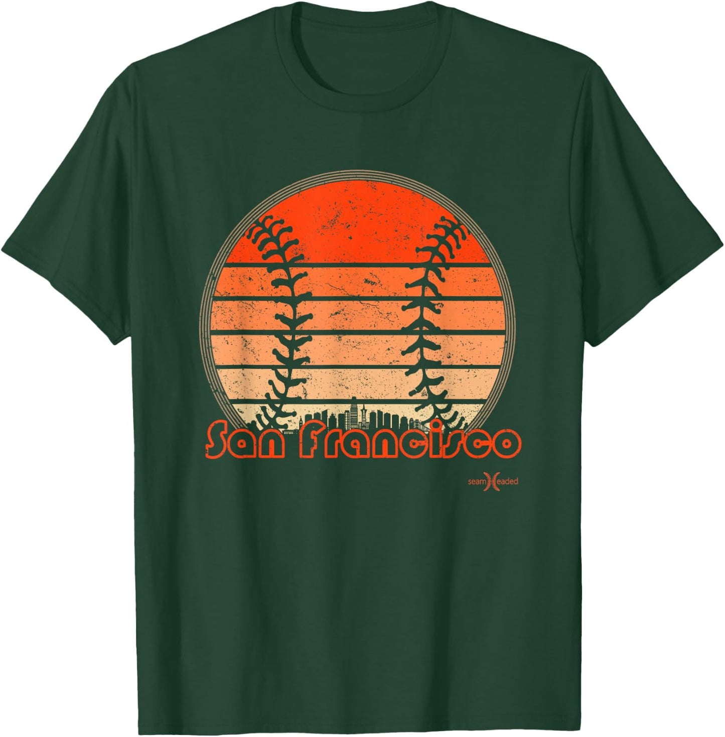 Retro San Francisco Baseball Sunset with Vintage SF Skyline T-Shirt - T-Shirt | Forest