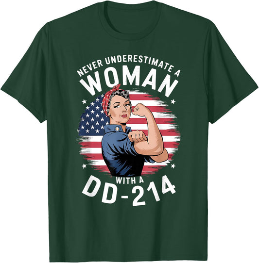 American Flag Never Underestimate a Women with a DD-214 T-Shirt - T-Shirt | Forest