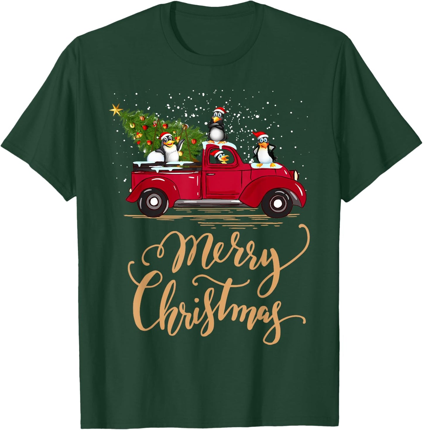 Penguin Driving Christmas Tree Red Truck Penguin Christmas T-Shirt - T-Shirt | Forest