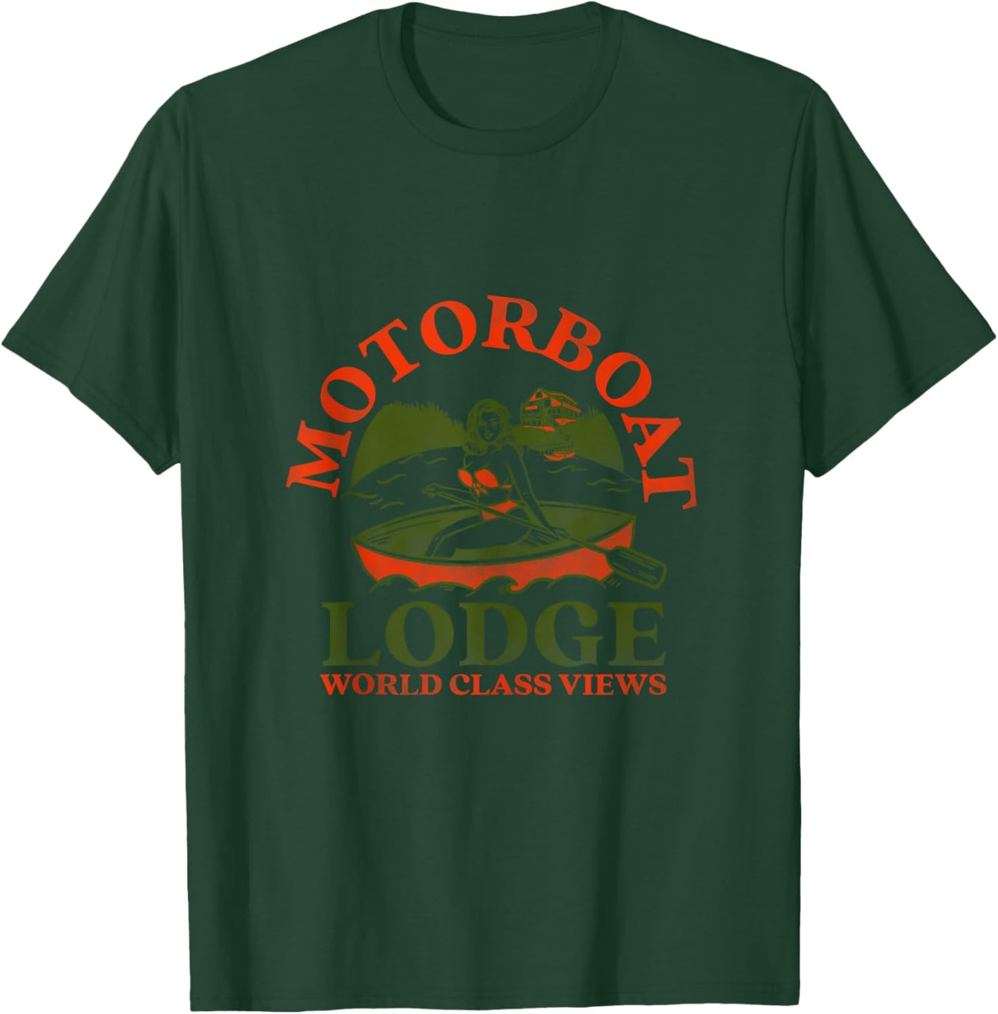 Motor Boat Lodge Sexy Busty Bikini Woman: Funny Fishing T-Shirt - T-Shirt | Forest