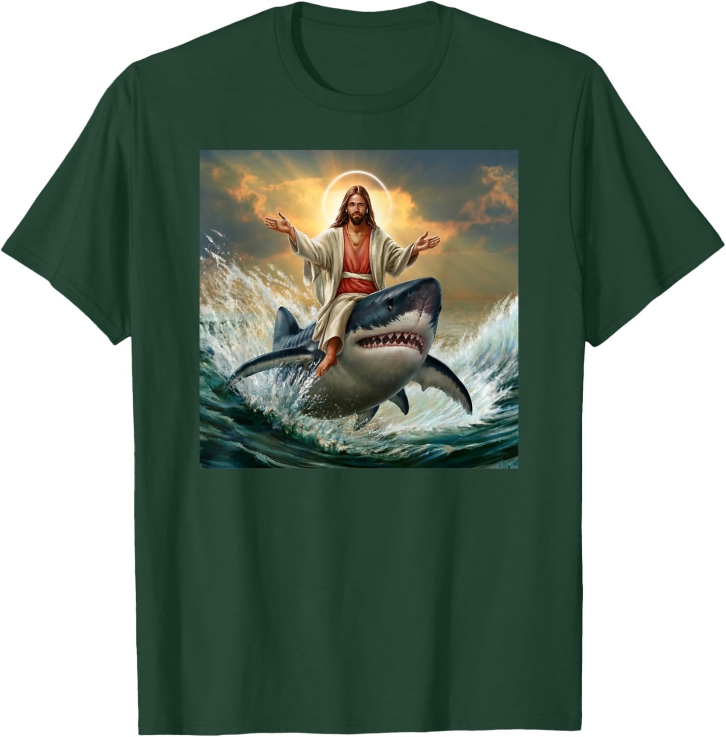 Christian Jesus Riding Shark Funny Shark Jesus Lover T-Shirt - T-Shirt | Forest