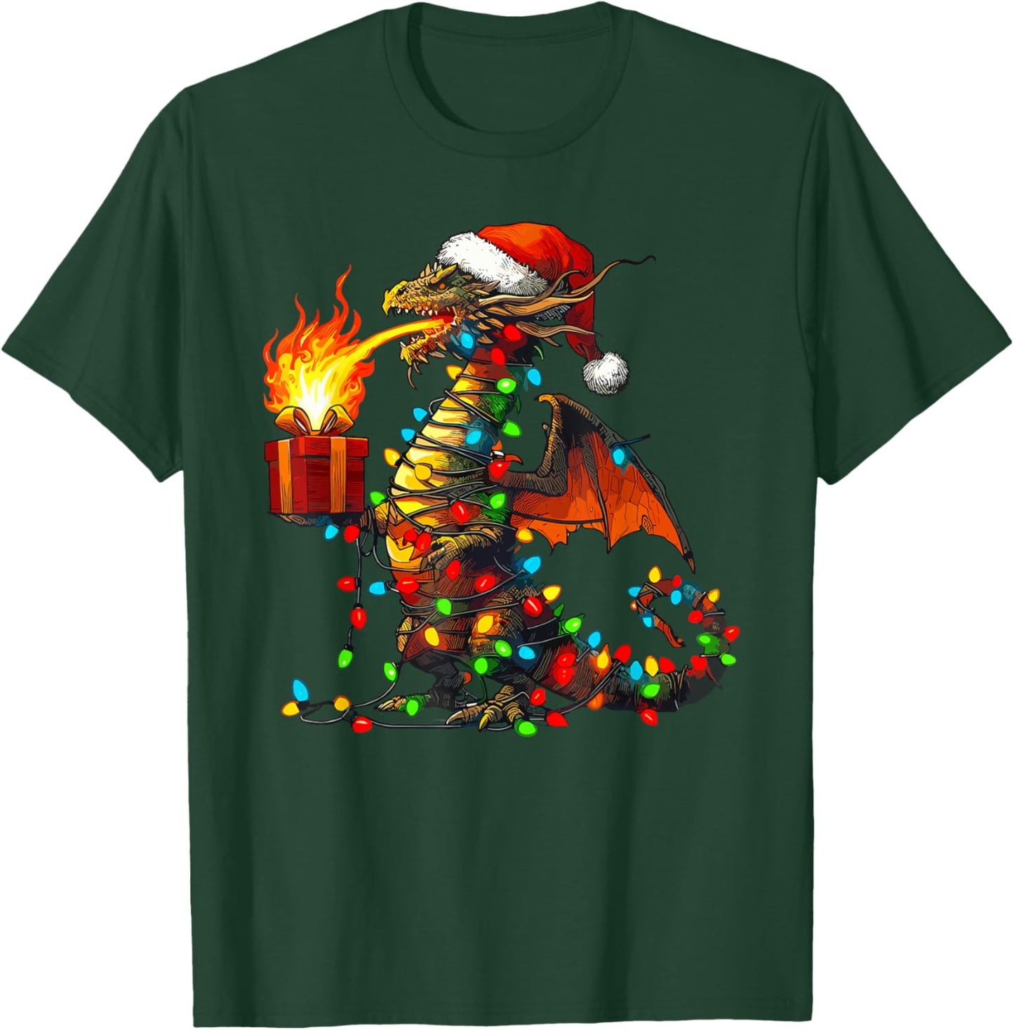 Dragon Wearing Santa Hat, Holding A Present Box Xmas T-Shirt - T-Shirt | Forest