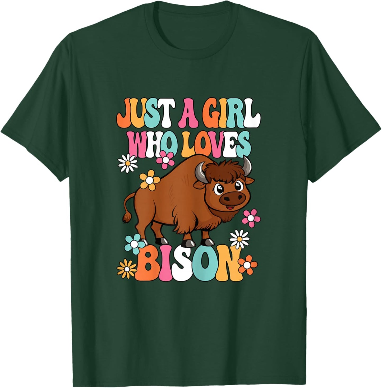 Just A Girl Who Loves Bison Cute Groovy Buffalo Girls Kids T-Shirt - T-Shirt | Forest