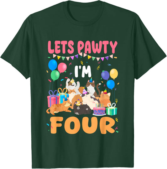 Lets Pawty I'm Four 4th Birthday Cats Themed Party T-Shirt - T-Shirt | Forest