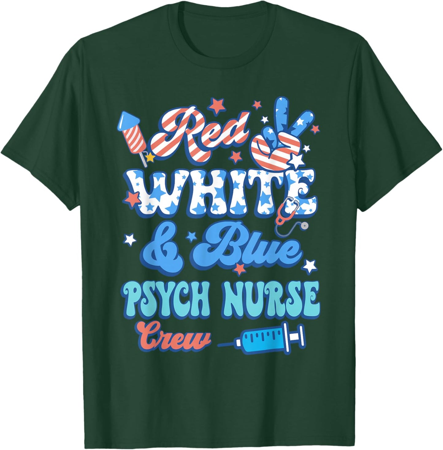 Groovy Red White Blue Psych Nurse Crew 4th Of July T-Shirt - T-Shirt | Forest