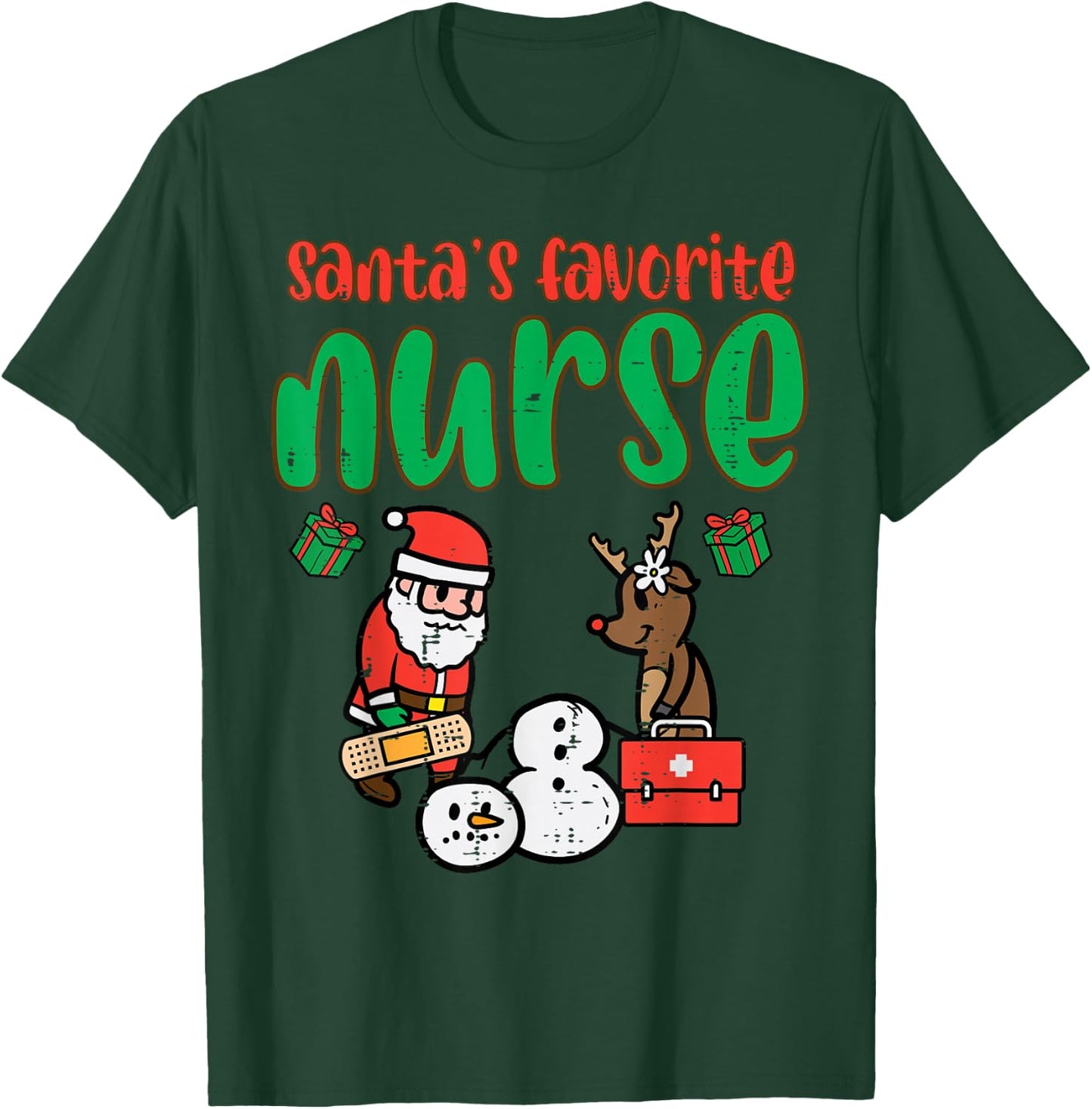 Santas Favorite Nurse Christmas Xmas Nursing Scrub Top Women T-Shirt - T-Shirt | Forest