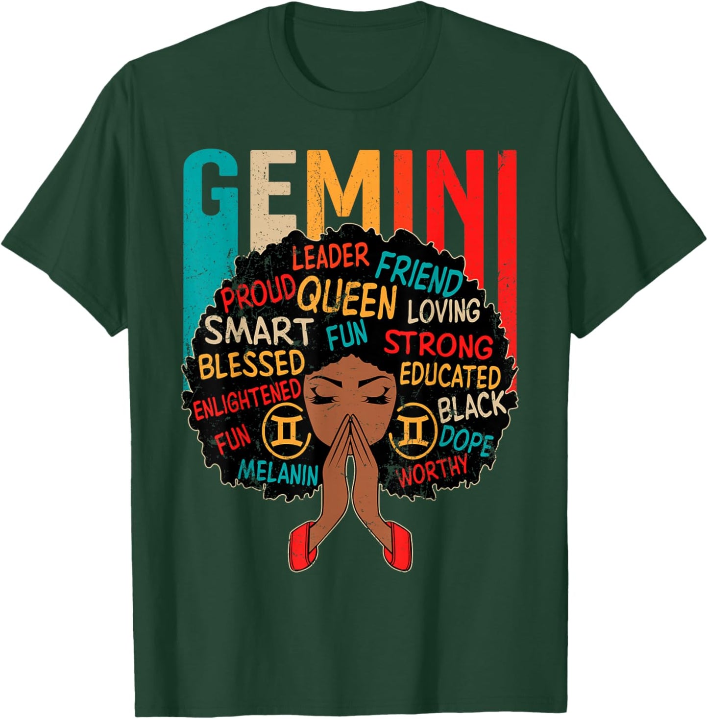 Gemini Queen Retro Afro Black Women Zodiac Sign T-Shirt - T-Shirt | Forest