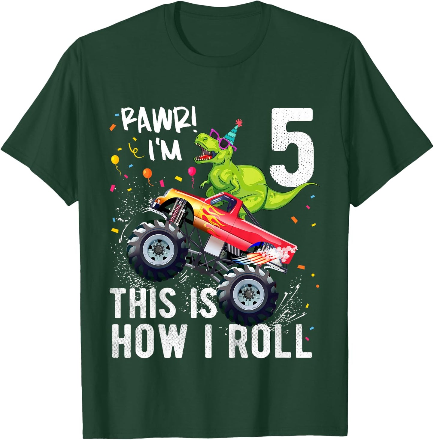 Kids T Rex Dinosaur Monster Truck 5th Birthday Boys and Girls T-Shirt - T-Shirt | Forest