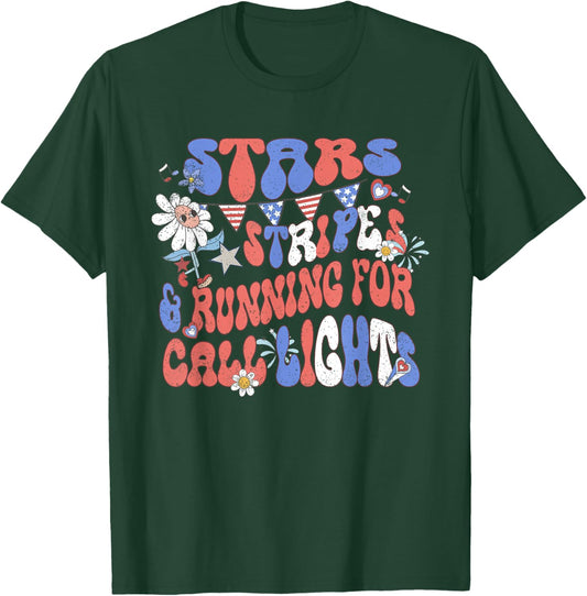 Stars and Stripes Running for Call Lights 4th of July Nurse T-Shirt - T-Shirt | Forest